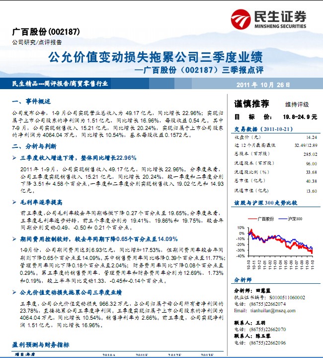 廣百股份-002187-三季報(bào)公允價(jià)值變動(dòng)損失拖累公司業(yè)績