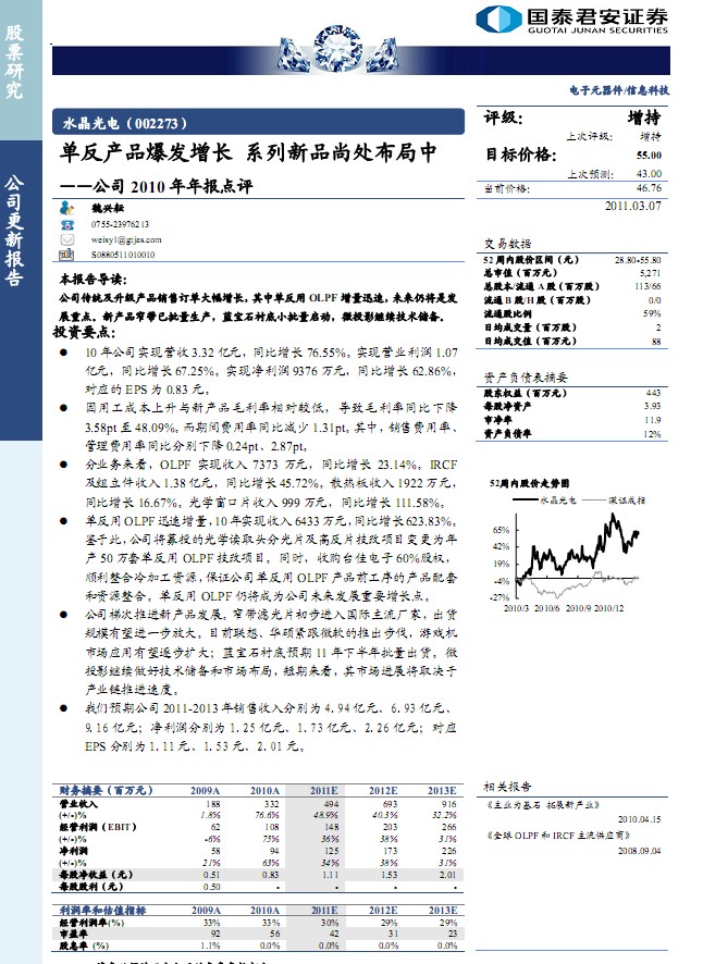水晶光電(002273)2010年年報點(diǎn)評:單反產(chǎn)品爆發(fā)增長