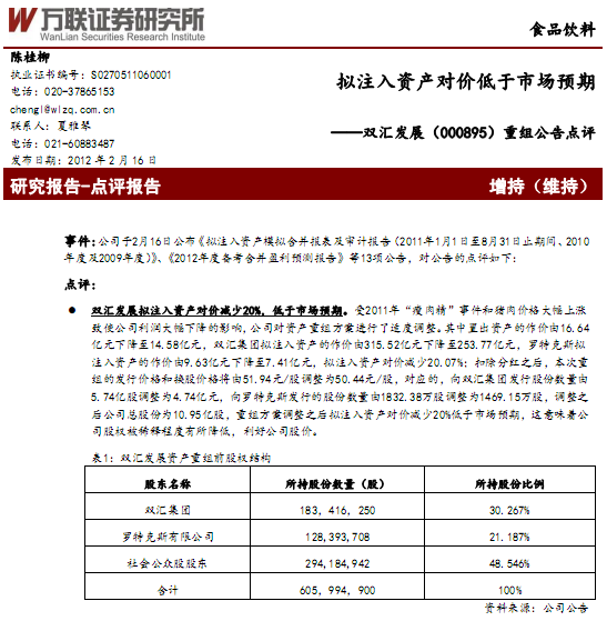 雙匯發(fā)展-000895-重組公告點(diǎn)評(píng):擬注入資產(chǎn)對(duì)價(jià)低于市場預(yù)期