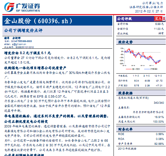 金山股份-600396-公司下調(diào)增發(fā)價(jià)點(diǎn)評(píng)
