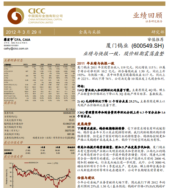 廈門鎢業(yè)-600549-業(yè)績與快報一致,股價短期震蕩盤整