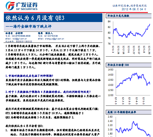 研究報告:海外金融市場下跌點評:依然認為6月沒有QE3