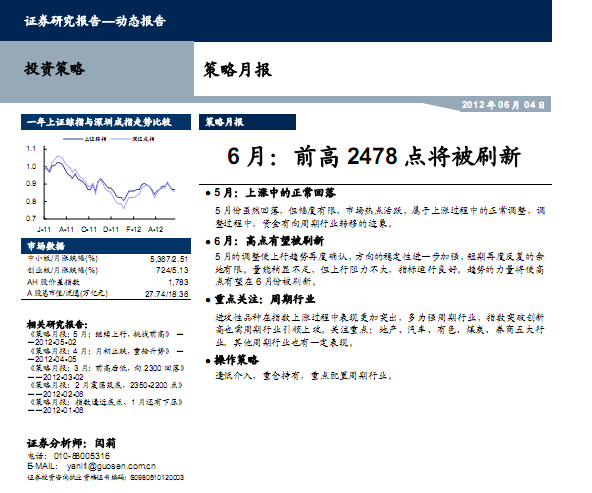 研究報告:策略月報:6月 前高2478點將被刷新